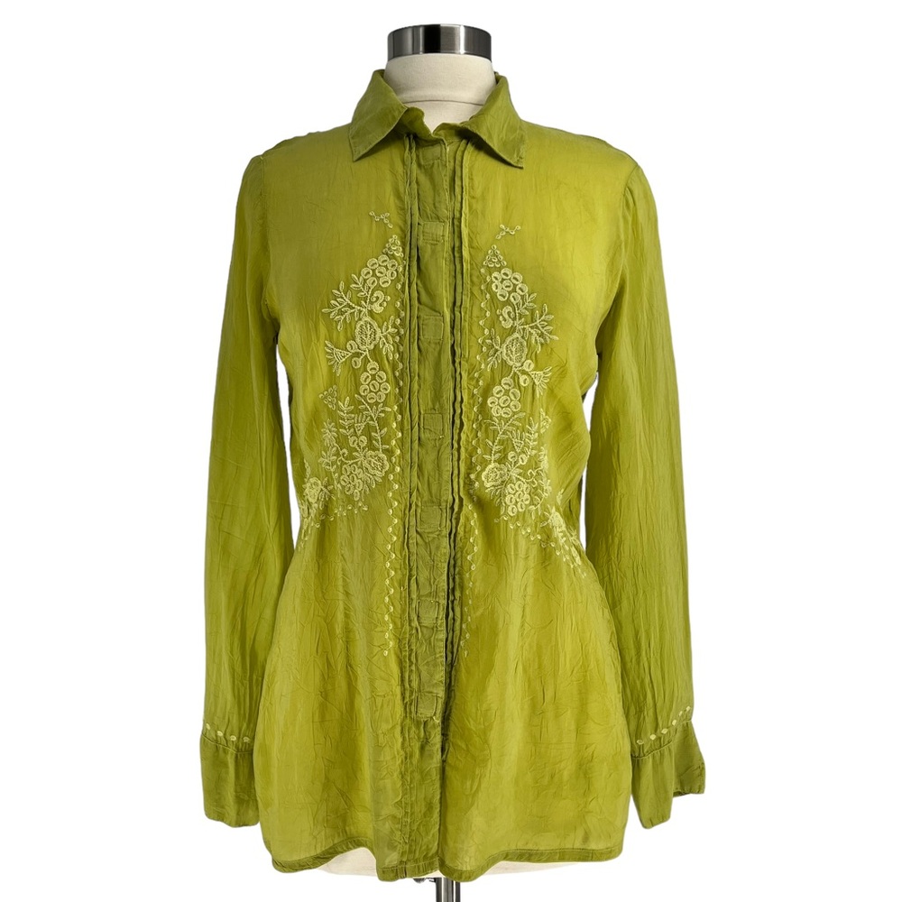 JOHNNY WAS Green Embroidered Sheer Silk Blouse M